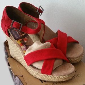 Brand New TOMS Red Canvas Strappy Wedge Sandals